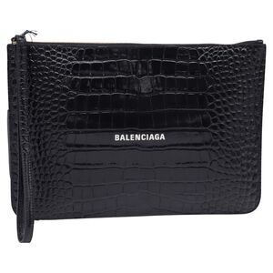 Balenciaga Logo-Print Croc-Embossed Zipped Clutch Bag in Black Leather